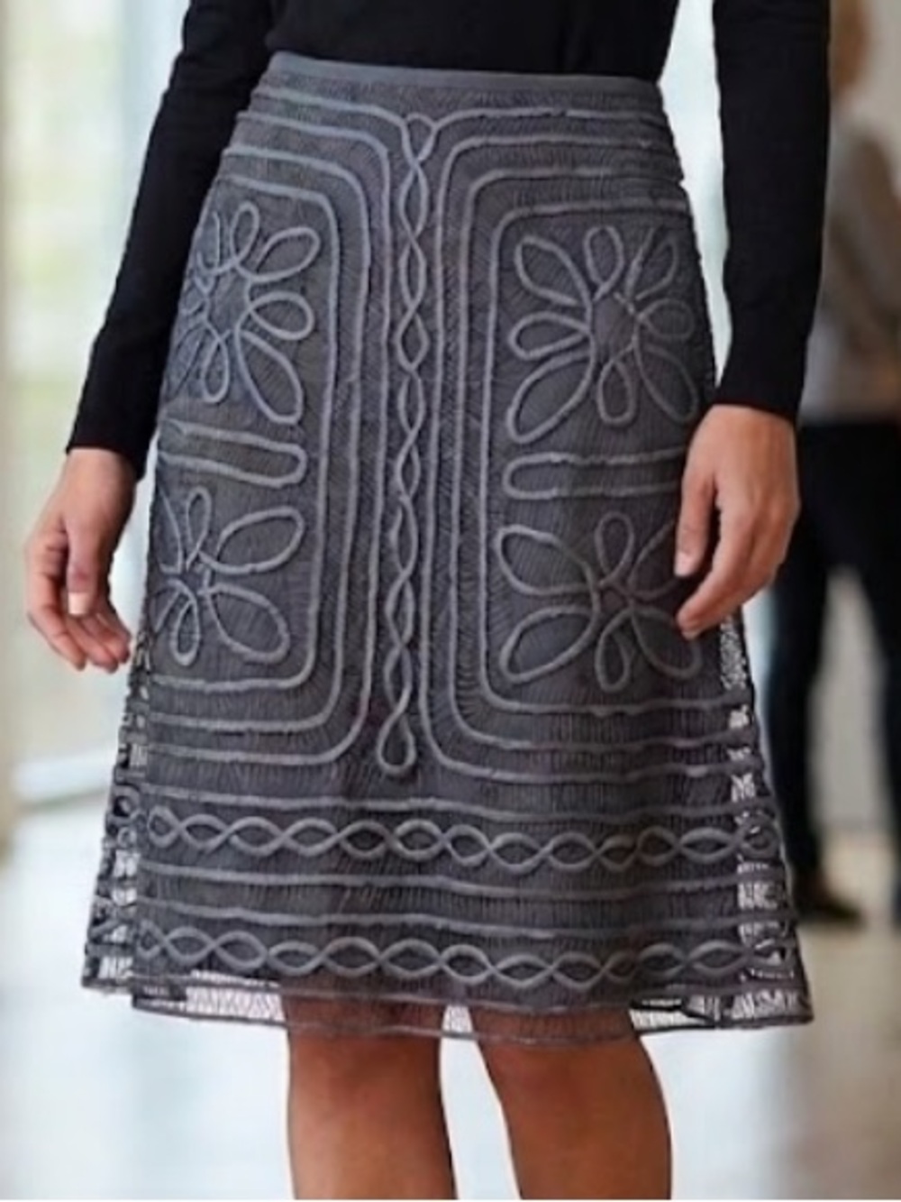 Unique 100% Silk Lace Soutache Mesh Overlay Knee-Length Skirt gray  XS/S